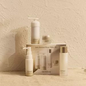 Saho Trial Set packaging and products next to each other on neutral surface 